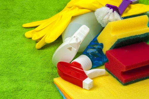 Cleaning tools and chemical containers stored securely for safety